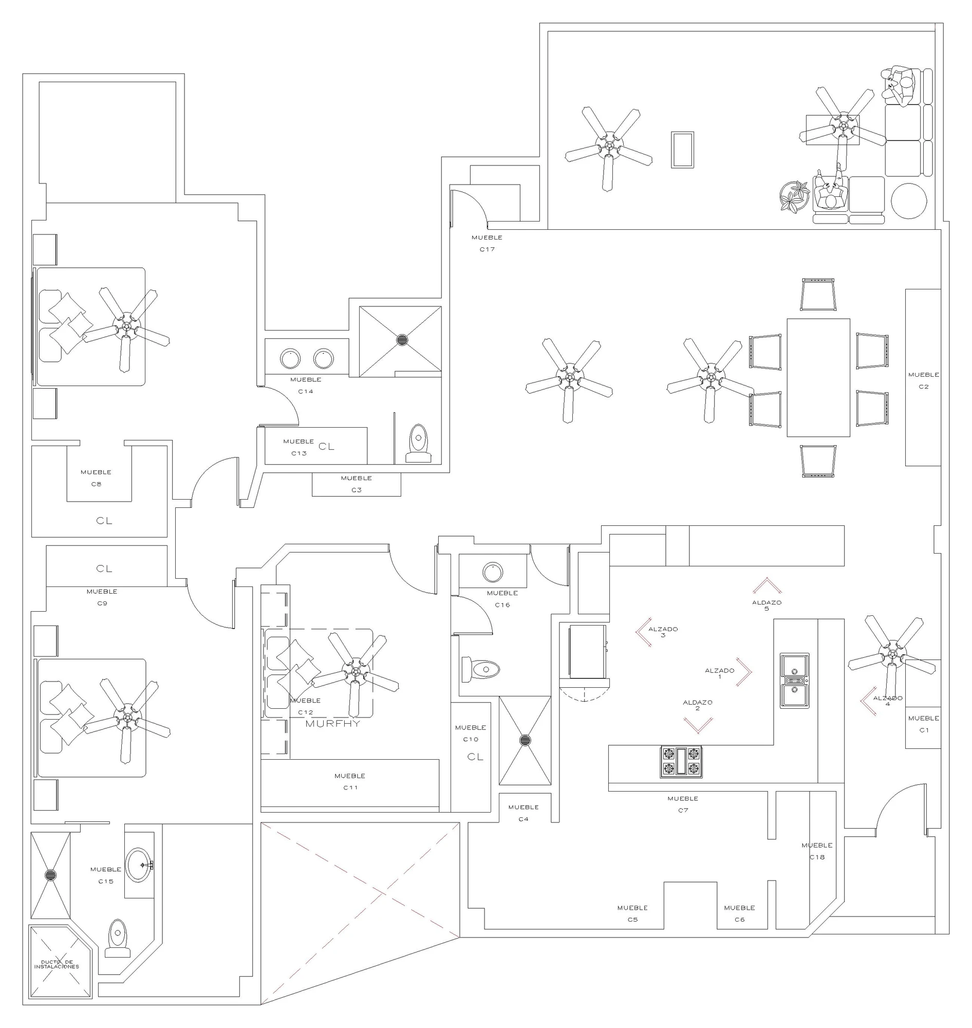 Architectural floor plan of unit 313, Marina Las Palmas, showing three bedrooms, three bathrooms, kitchen, dining and living areas and the terraces